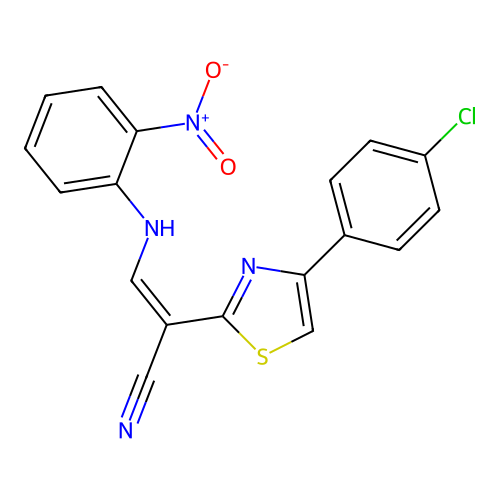 (Z)-2-(4-(4-chlorophenyl)thiazol-2-yl)-3-((2-nitrophenyl)amino)acrylonitrile structure