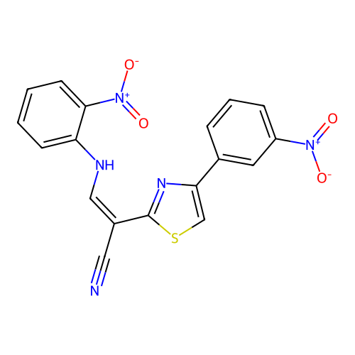 (Z)-3-((2-nitrophenyl)amino)-2-(4-(3-nitrophenyl)thiazol-2-yl)acrylonitrile structure