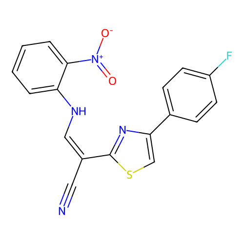 (Z)-2-(4-(4-fluorophenyl)thiazol-2-yl)-3-((2-nitrophenyl)amino)acrylonitrile structure