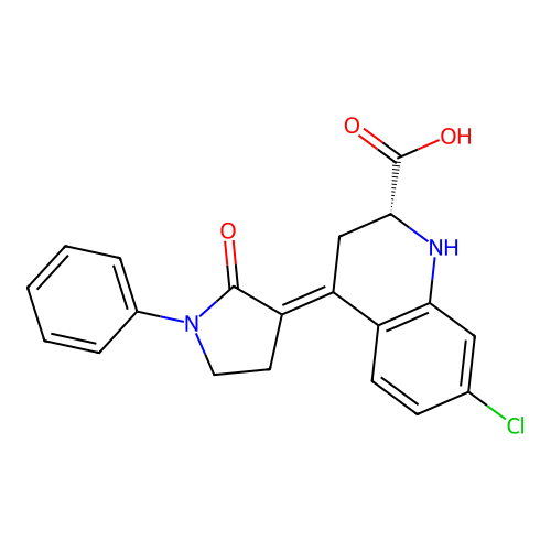 2-Quinolinecarboxylic acid, 7-chloro-1,2,3,4-tetrahydro-4-(2-oxo-1-phenyl-3-pyrrolidinylidene)-, (2R,4E)- structure