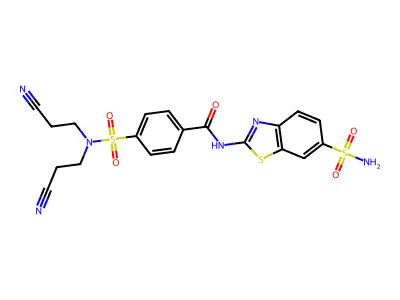 4-[bis(2-cyanoethyl)sulfamoyl]-N-(6-sulfamoyl-1,3-benzothiazol-2-yl)benzamide structure