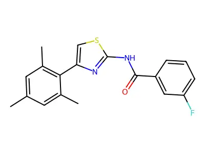 3-fluoro-N-[4-(2,4,6-trimethylphenyl)-1,3-thiazol-2-yl]benzamide structure