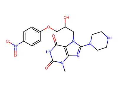 7-(2-hydroxy-3-(4-nitrophenoxy)propyl)-3-methyl-8-(piperazin-1-yl)-1H-purine-2,6(3H,7H)-dione structure