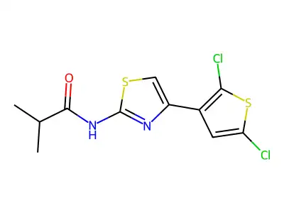 N-(4-(2,5-dichlorothiophen-3-yl)thiazol-2-yl)isobutyramide structure
