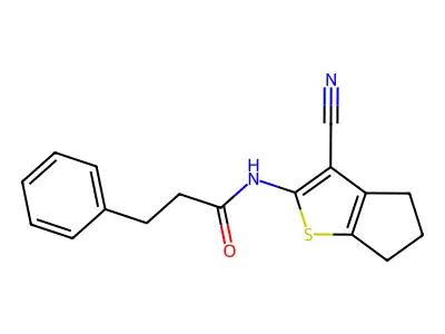 N-(3-cyano-5,6-dihydro-4H-cyclopenta[b]thiophen-2-yl)-3-phenylpropanamide structure