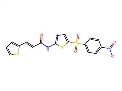 (E)-N-(5-((4-nitrophenyl)sulfonyl)thiazol-2-yl)-3-(thiophen-2-yl)acrylamide structure