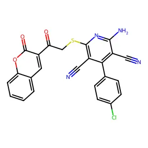 2-amino-4-(4-chlorophenyl)-6-[2-oxo-2-(2-oxochromen-3-yl)ethyl]sulfanylpyridine-3,5-dicarbonitrile structure