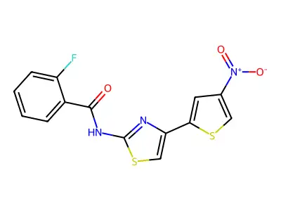 2-fluoro-N-[4-(4-nitrothiophen-2-yl)-1,3-thiazol-2-yl]benzamide structure