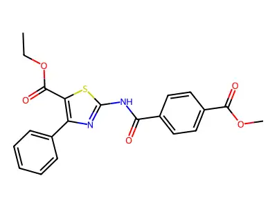 Ethyl 2-(4-(methoxycarbonyl)benzamido)-4-phenylthiazole-5-carboxylate structure