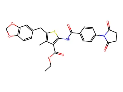 ethyl 5-(benzo[d][1,3]dioxol-5-ylmethyl)-2-(4-(2,5-dioxopyrrolidin-1-yl)benzamido)-4-methylthiophene-3-carboxylate structure
