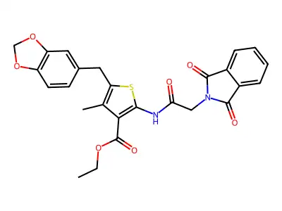 ethyl 5-(1,3-benzodioxol-5-ylmethyl)-2-[[2-(1,3-dioxoisoindol-2-yl)acetyl]amino]-4-methylthiophene-3-carboxylate structure