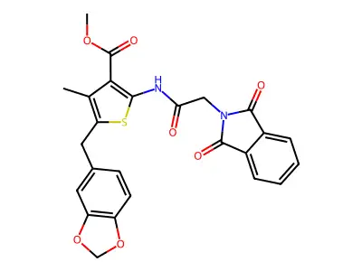 methyl 5-[(2H-1,3-benzodioxol-5-yl)methyl]-2-[2-(1,3-dioxo-2,3-dihydro-1H-isoindol-2-yl)acetamido]-4-methylthiophene-3-carboxylate structure