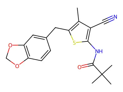 N-(5-(benzo[d][1,3]dioxol-5-ylmethyl)-3-cyano-4-methylthiophen-2-yl)pivalamide structure
