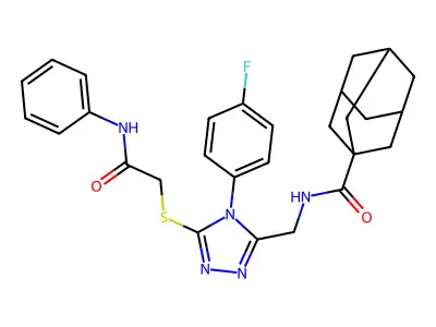 (1S,3s)-N-((4-(4-fluorophenyl)-5-((2-oxo-2-(phenylamino)ethyl)thio)-4H-1,2,4-triazol-3-yl)methyl)adamantane-1-carboxamide structure