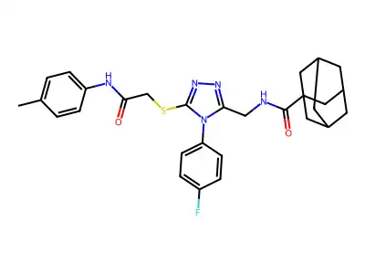 (1S,3s)-N-((4-(4-fluorophenyl)-5-((2-oxo-2-(p-tolylamino)ethyl)thio)-4H-1,2,4-triazol-3-yl)methyl)adamantane-1-carboxamide structure