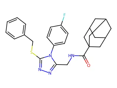 (1S,3s)-N-((5-(benzylthio)-4-(4-fluorophenyl)-4H-1,2,4-triazol-3-yl)methyl)adamantane-1-carboxamide structure