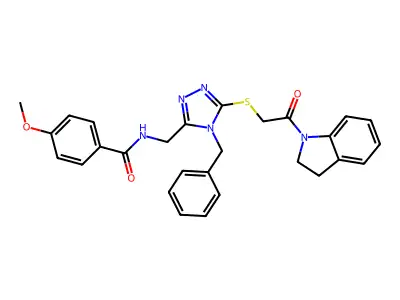 N-[(4-benzyl-5-{[2-(2,3-dihydro-1H-indol-1-yl)-2-oxoethyl]sulfanyl}-4H-1,2,4-triazol-3-yl)methyl]-4-methoxybenzamide structure