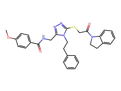 N-((5-((2-(indolin-1-yl)-2-oxoethyl)thio)-4-phenethyl-4H-1,2,4-triazol-3-yl)methyl)-4-methoxybenzamide structure