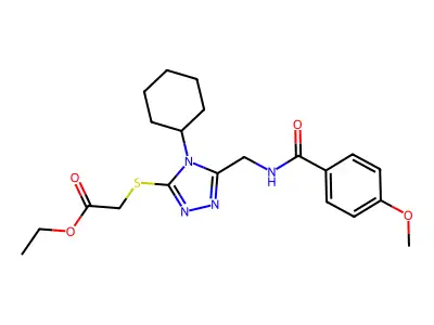 ethyl 2-((4-cyclohexyl-5-((4-methoxybenzamido)methyl)-4H-1,2,4-triazol-3-yl)thio)acetate structure