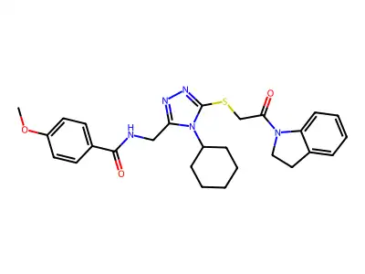 N-[(4-cyclohexyl-5-{[2-(2,3-dihydro-1H-indol-1-yl)-2-oxoethyl]sulfanyl}-4H-1,2,4-triazol-3-yl)methyl]-4-methoxybenzamide structure