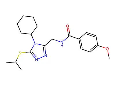 N-[(4-cyclohexyl-5-propan-2-ylsulfanyl-1,2,4-triazol-3-yl)methyl]-4-methoxybenzamide structure