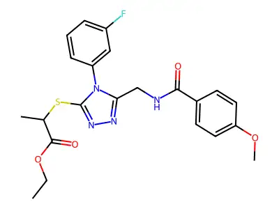 ethyl 2-((4-(3-fluorophenyl)-5-((4-methoxybenzamido)methyl)-4H-1,2,4-triazol-3-yl)thio)propanoate structure