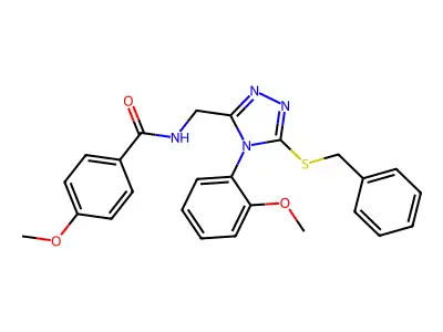 N-((5-(benzylthio)-4-(2-methoxyphenyl)-4H-1,2,4-triazol-3-yl)methyl)-4-methoxybenzamide structure