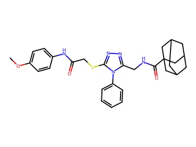 (1S,3s)-N-((5-((2-((4-methoxyphenyl)amino)-2-oxoethyl)thio)-4-phenyl-4H-1,2,4-triazol-3-yl)methyl)adamantane-1-carboxamide structure