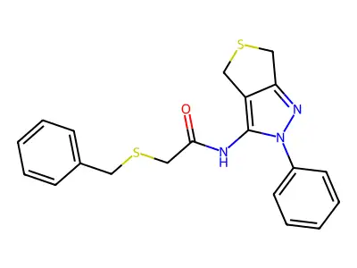 2-benzylsulfanyl-N-(2-phenyl-4,6-dihydrothieno[3,4-c]pyrazol-3-yl)acetamide structure