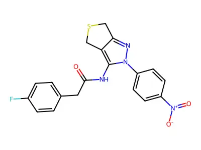 2-(4-fluorophenyl)-N-(2-(4-nitrophenyl)-4,6-dihydro-2H-thieno[3,4-c]pyrazol-3-yl)acetamide structure