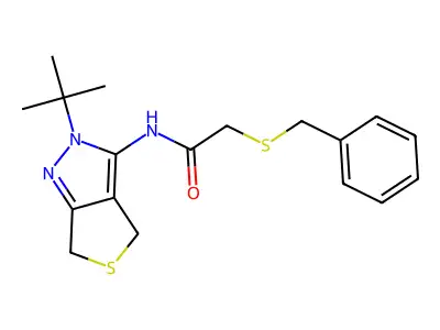 2-benzylsulfanyl-N-(2-tert-butyl-4,6-dihydrothieno[3,4-c]pyrazol-3-yl)acetamide structure