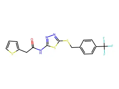 2-thiophen-2-yl-N-[5-[[4-(trifluoromethyl)phenyl]methylsulfanyl]-1,3,4-thiadiazol-2-yl]acetamide structure
