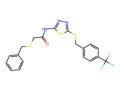 2-(benzylthio)-N-(5-((4-(trifluoromethyl)benzyl)thio)-1,3,4-thiadiazol-2-yl)acetamide structure