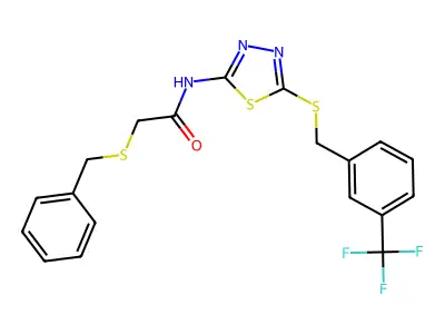 2-(benzylthio)-N-(5-((3-(trifluoromethyl)benzyl)thio)-1,3,4-thiadiazol-2-yl)acetamide structure