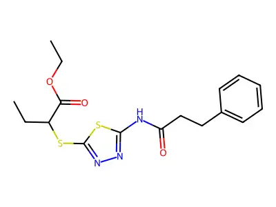 Ethyl 2-((5-(3-phenylpropanamido)-1,3,4-thiadiazol-2-yl)thio)butanoate structure