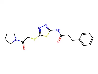 N-(5-{[2-oxo-2-(pyrrolidin-1-yl)ethyl]sulfanyl}-1,3,4-thiadiazol-2-yl)-3-phenylpropanamide structure