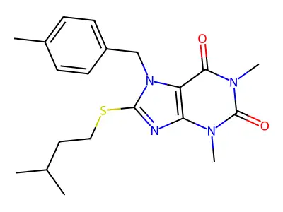 8-(Isopentylthio)-1,3-dimethyl-7-(4-ME-benzyl)-3,7-dihydro-1H-purine-2,6-dione structure