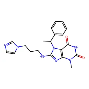 8-((3-(1H-Imidazol-1-YL)PR)amino)3-ME-7-(1-PH-ET)3,7-dihydro-1H-purine-2,6-dione structure