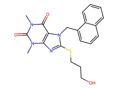 8-((3-HO-Propyl)thio)-1,3-DI-ME-7-(1-naphthyl-ME)3,7-dihydro-1H-purine-2,6-dione structure