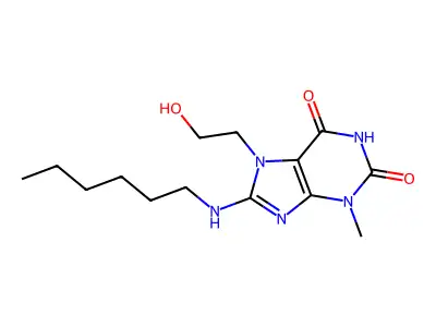 8-(Hexylamino)-7-(2-hydroxyethyl)-3-methyl-3,7-dihydro-1H-purine-2,6-dione structure