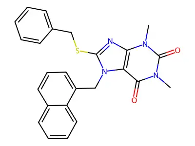 8-(Benzylthio)-1,3-dimethyl-7-(1-naphthylmethyl)-3,7-dihydro-1H-purine-2,6-dione structure
