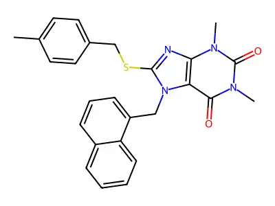 1,3-DI-ME-8-((4-ME-Benzyl)thio)-7-(1-naphthyl-ME)3,7-dihydro-1H-purine-2,6-dione structure