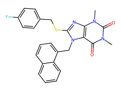 8-((4-F-Benzyl)thio)-1,3-DI-ME-7-(1-naphthyl-ME)-3,7-dihydro-1H-purine-2,6-dione structure