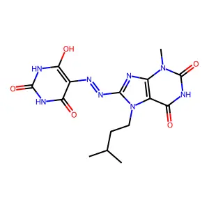 5-(2-(7-isopentyl-3-methyl-2,6-dioxo-2,3,6,7-tetrahydro-1H-purin-8-yl)hydrazono)pyrimidine-2,4,6(1H,3H,5H)-trione structure