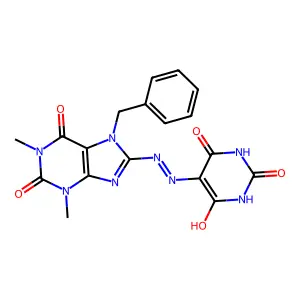 5-(2-(7-benzyl-1,3-dimethyl-2,6-dioxo-2,3,6,7-tetrahydro-1H-purin-8-yl)hydrazono)pyrimidine-2,4,6(1H,3H,5H)-trione structure