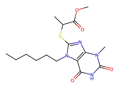 ME 2-((7-Hexyl-3-ME-2,6-dioxo-2,3,6,7-tetrahydro-1H-purin-8-YL)thio)propanoate structure