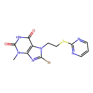 8-Bromo-3-methyl-7-(2-(2-pyrimidinylthio)ethyl)-3,7-dihydro-1H-purine-2,6-dione structure