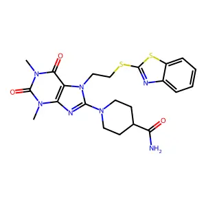 1-(7-(2-(benzo[d]thiazol-2-ylthio)ethyl)-1,3-dimethyl-2,6-dioxo-2,3,6,7-tetrahydro-1H-purin-8-yl)piperidine-4-carboxamide structure