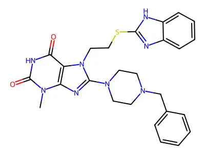 7-(2-((1H-Benzo[d]imidazol-2-yl)thio)ethyl)-8-(4-benzylpiperazin-1-yl)-3-methyl-1H-purine-2,6(3H,7H)-dione structure