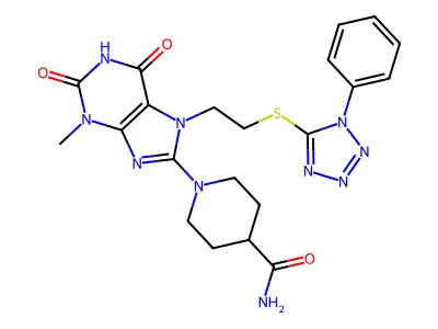 1-(3-methyl-2,6-dioxo-7-(2-((1-phenyl-1H-tetrazol-5-yl)thio)ethyl)-2,3,6,7-tetrahydro-1H-purin-8-yl)piperidine-4-carboxamide structure